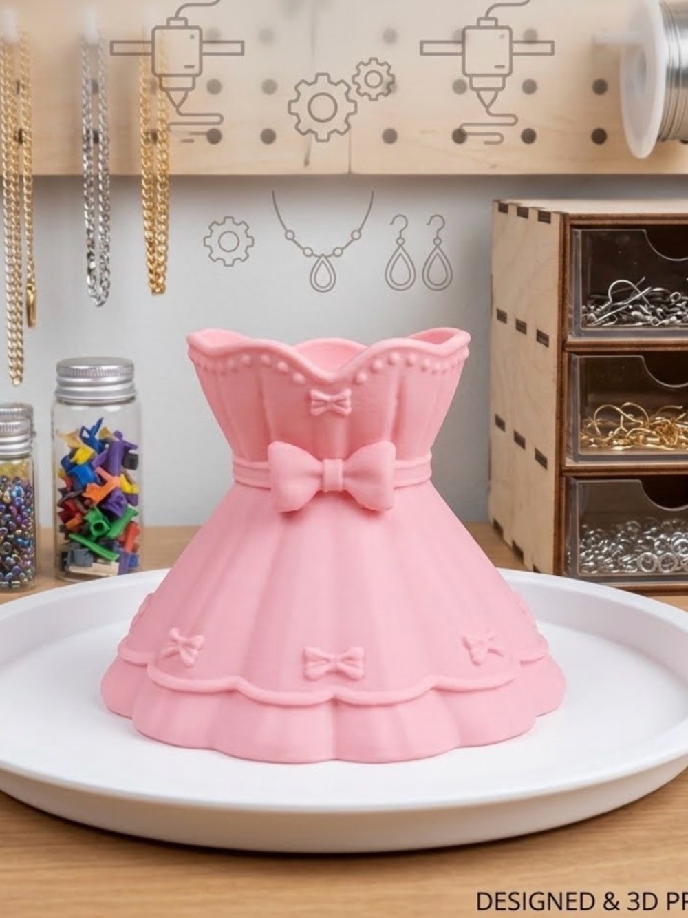 Hand Crafted 3D Printed Pink Dress-Shaped Jewelry Holder/Trinket Tray NWOT